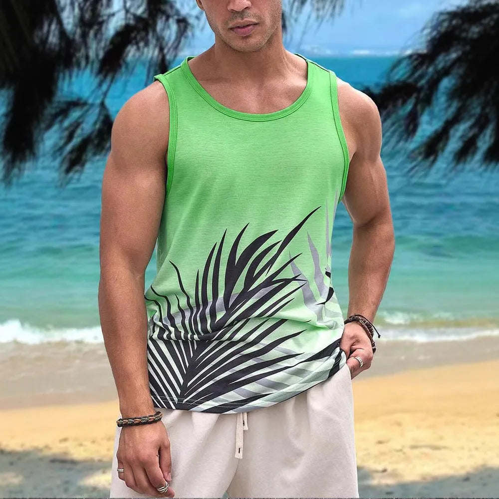 Man wearing a solid-colour 3D printed sleeveless vest in a casual Hawaiian style.