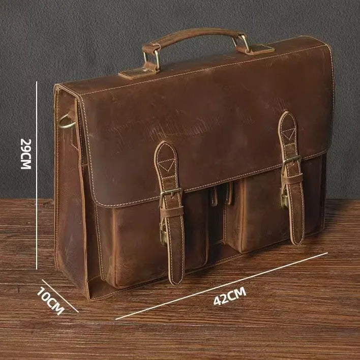 Top cowhide leather computer crossbody bag in black coffee colour with anti-theft expansion