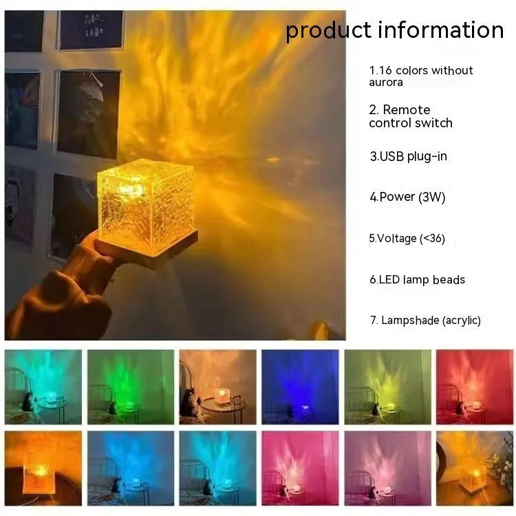 LED water ripple night light with 16 colours, USB powered, remote control, 11x11cm crystal lamp
