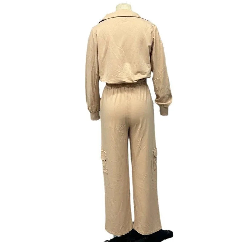 Women's light camel polyester lapel top and wide-leg trousers two-piece work set