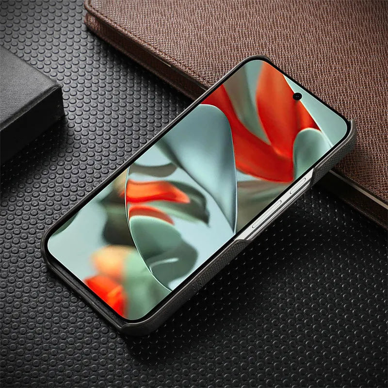 Lambskin anti-fall stitched phone case for Google Pixel 9 Pro XL, black colour, plaid pattern back cover