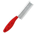 Red pet grooming comb with long and short stainless steel teeth and a plastic handle