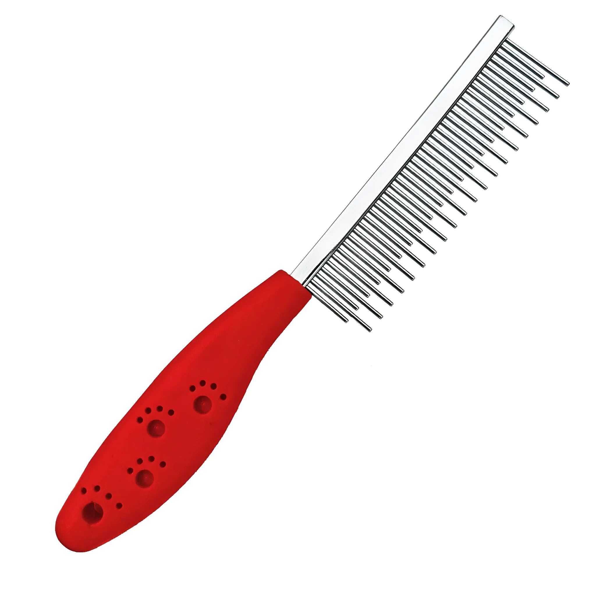 Red pet grooming comb with long and short stainless steel teeth and a plastic handle