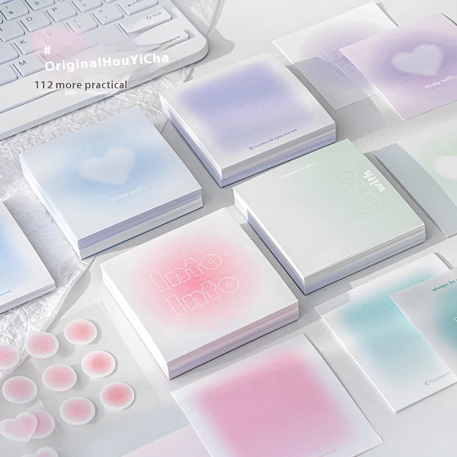Square 70mm gradient parchment inner notepad brick with sticky notes, notes, and parchment paper in blush, green, purple, or blue.