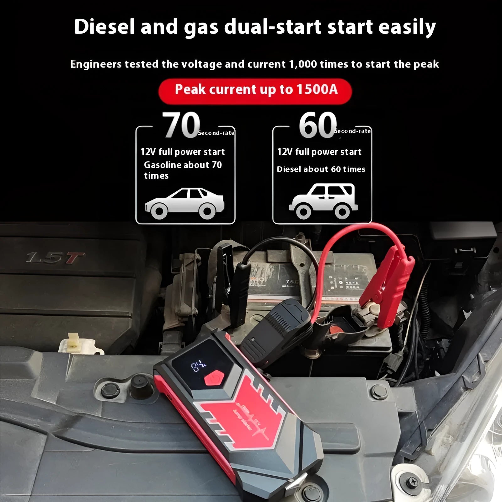 A03 portable 8000mAh car emergency jump starter power pack with smart battery clips and toolbox on white background