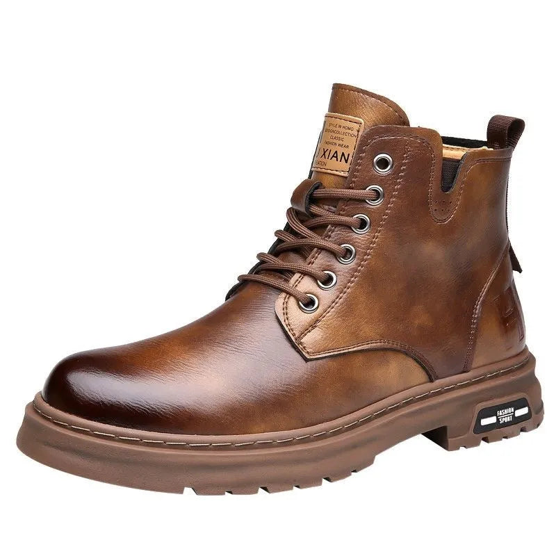 Men's black Martin boots with thick rubber soles and lace-up front, showing round toe and mid-calf design