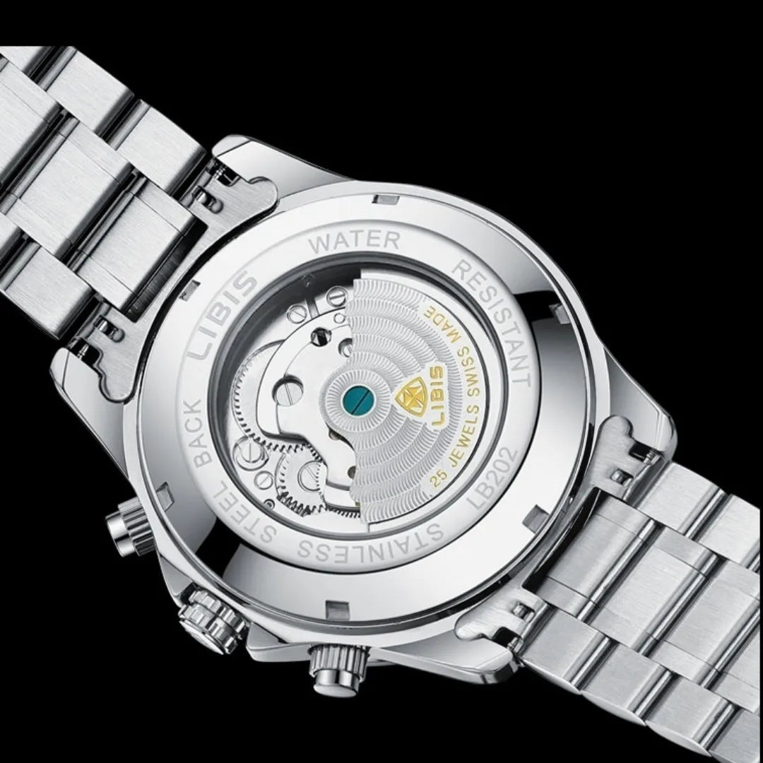Men's silver steel automatic perpetual calendar watch with stainless steel strap and sapphire crystal