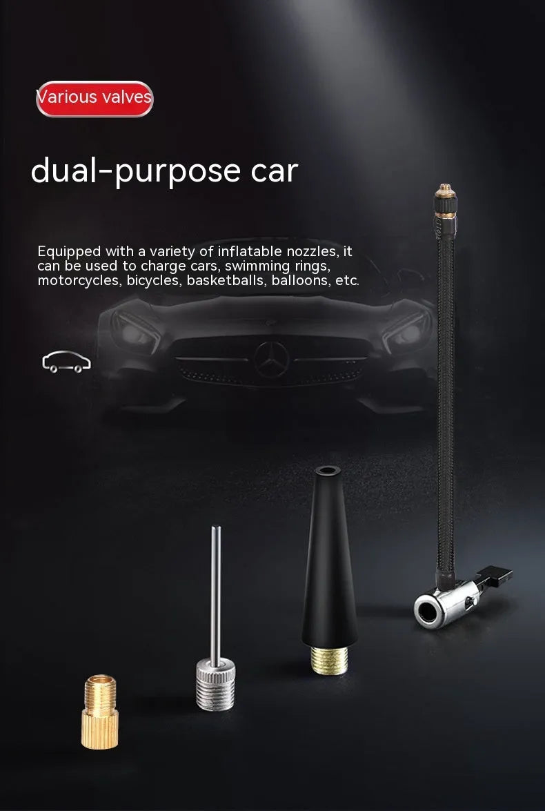 Red and black wireless car air pump with digital display, power cable, and multiple nozzle attachments