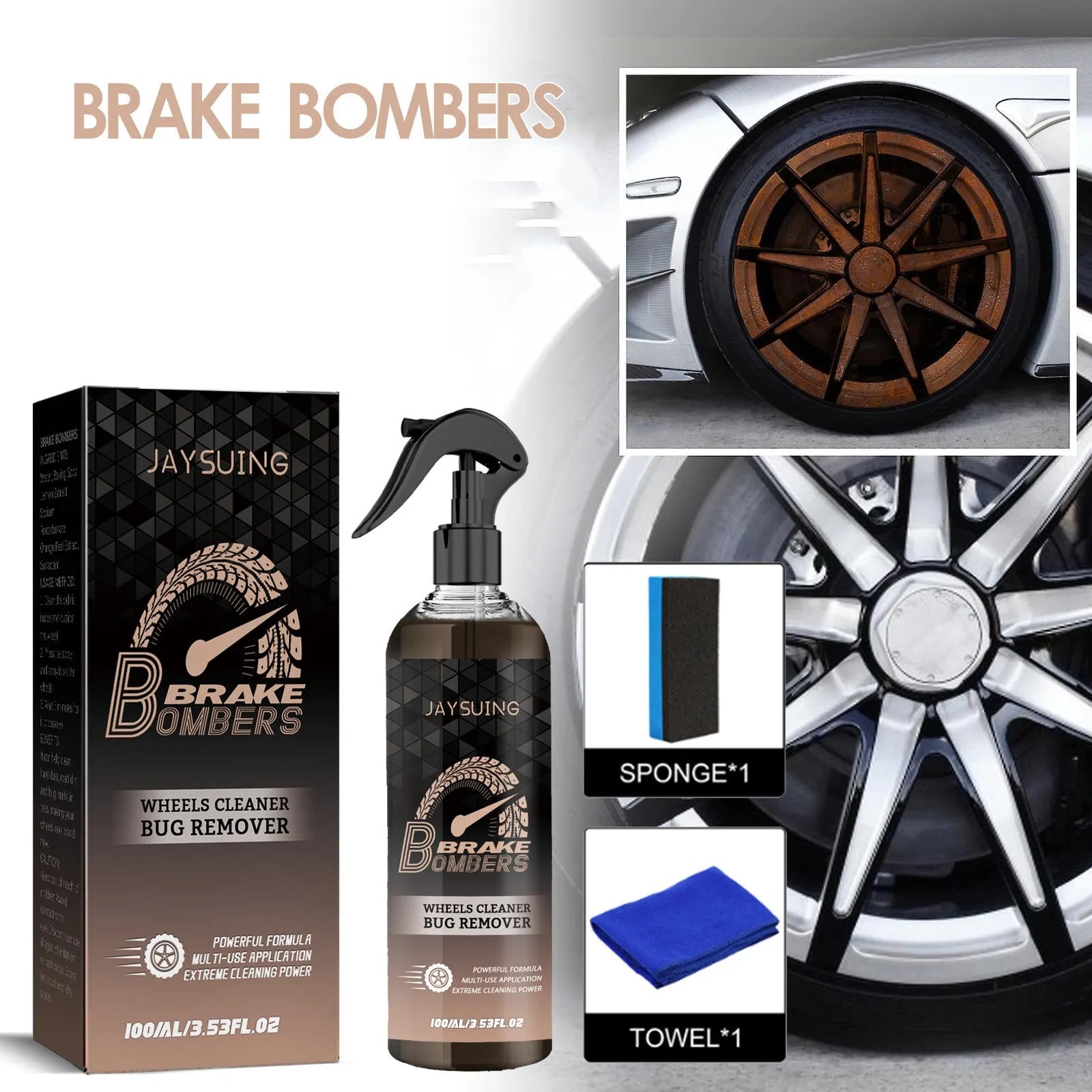 Car brake disc cleanser kit showing 100ml bottle, sponge and cloth for brake maintenance
