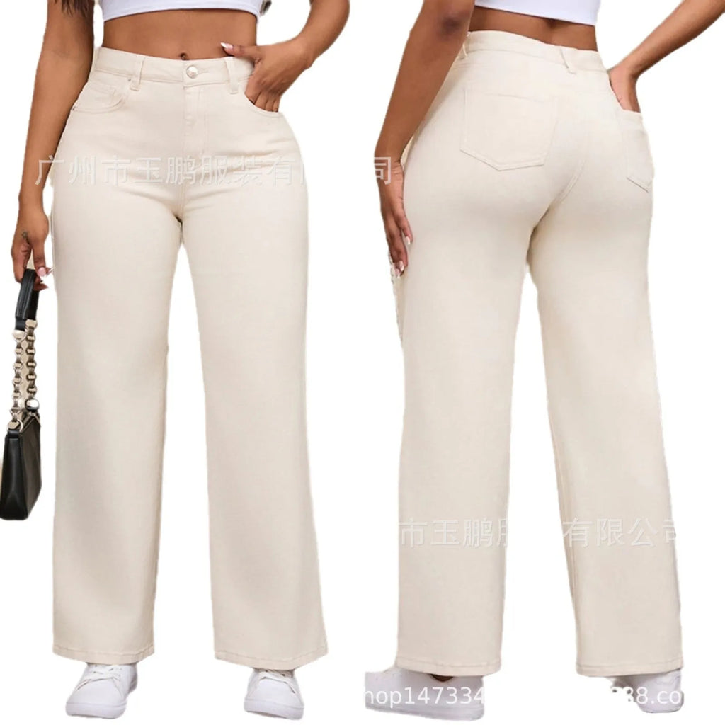 Women's apricot and khaki coloured straight-leg wide jeans with high waist for autumn.