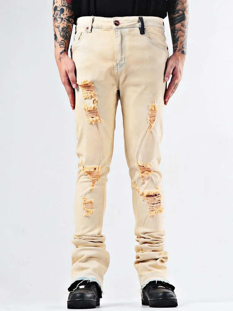 Elastic Youth Heavy Duty Flare Jeans in apricot cotton stretch denim with medium high waist and stone washed finish on model