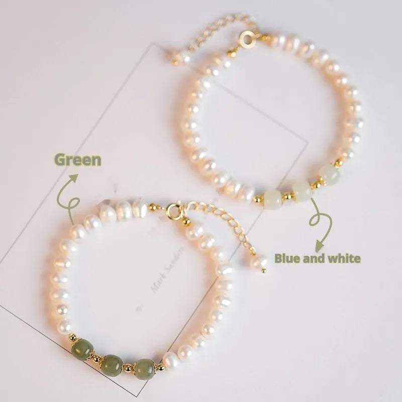 Diamond-shaped freshwater pearl bracelet in Hetian jade colour with Korean-style design