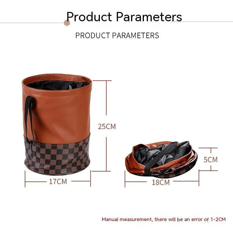 Brown retractable leather trash can for car interior use, shown with handle.