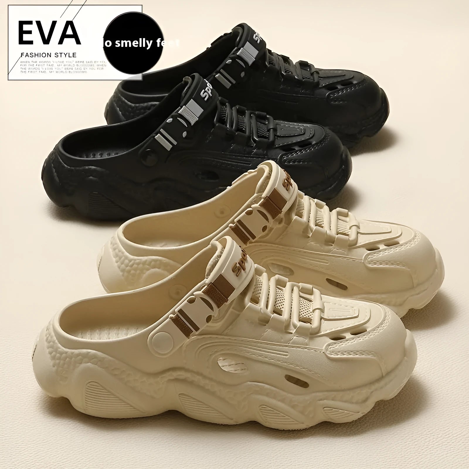Men's khaki outdoor slippers with hollow out design and textured EVA sole, shown from a side angle.