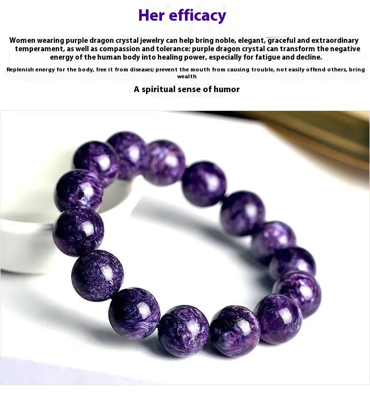 Natural transparent charoite crystal bracelet with platinum setting, showing bead size options.