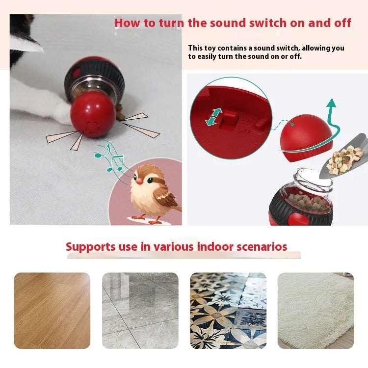 Colourful rotating cat toy with sound feature and food-dropping ball for pet play.