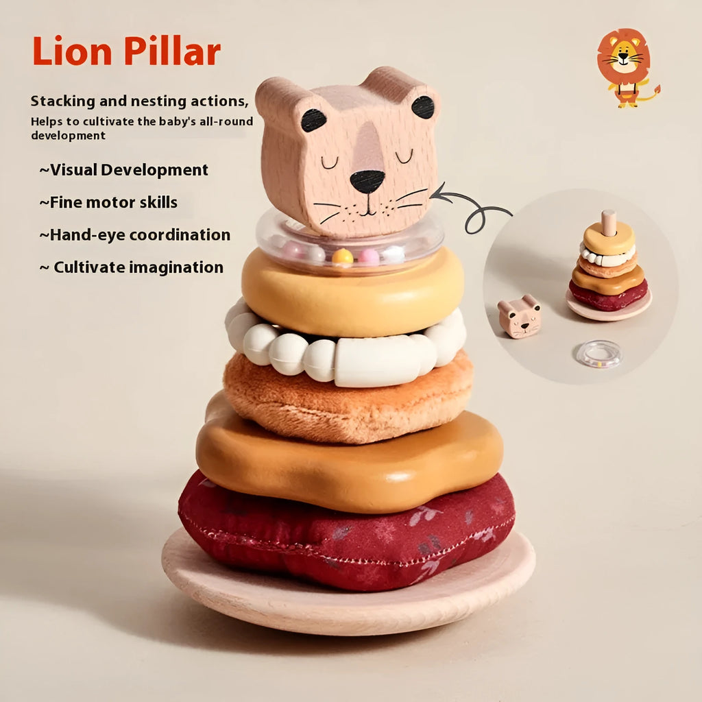 Wooden lion set column puzzle toy with colourful sleeve column for children aged 4-6