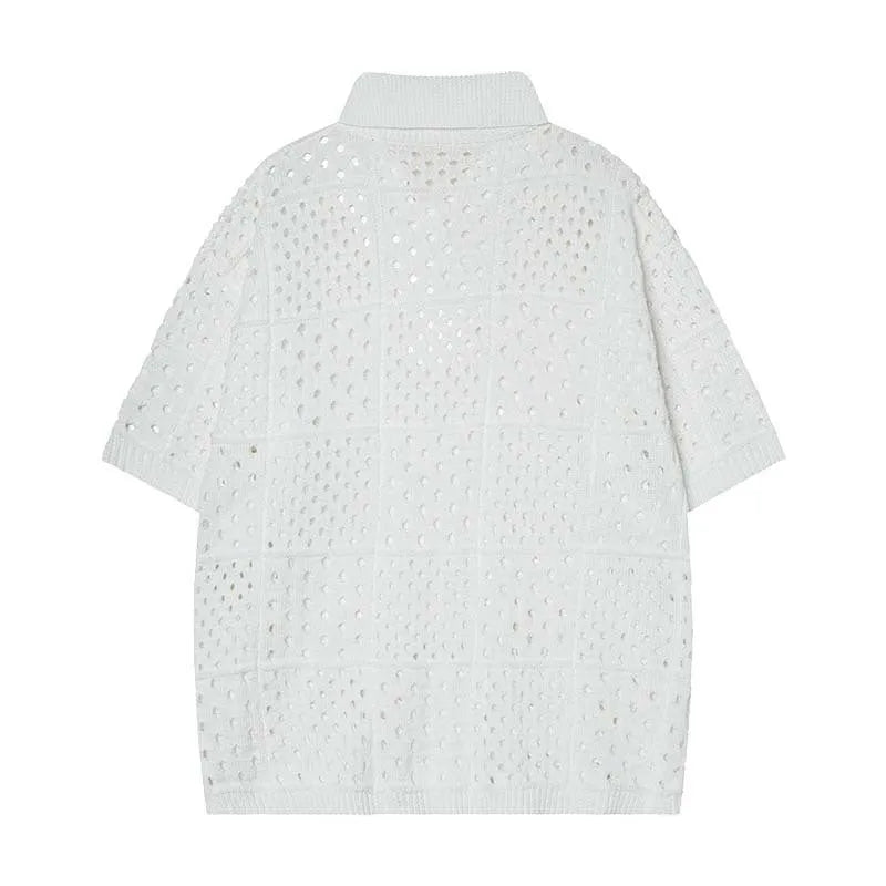 Solid colour hollow knit polo shirt with short sleeves and loose cardigan styling for teenagers