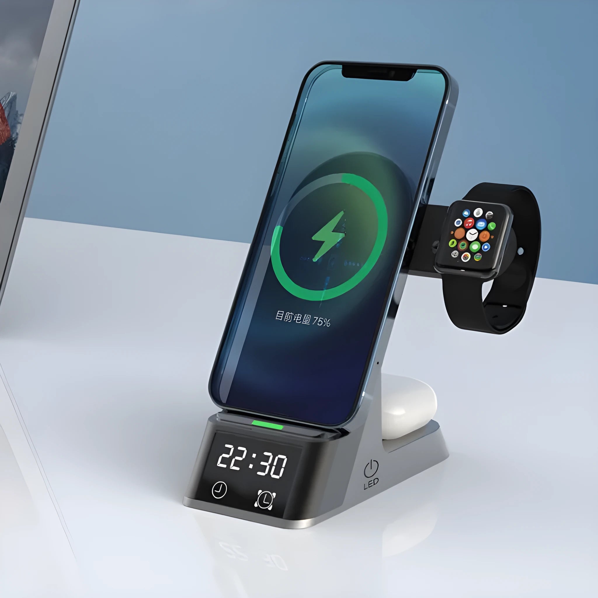 Black multifunctional alarm clock with digital display and wireless charging pad for phone, watch, and earbuds.