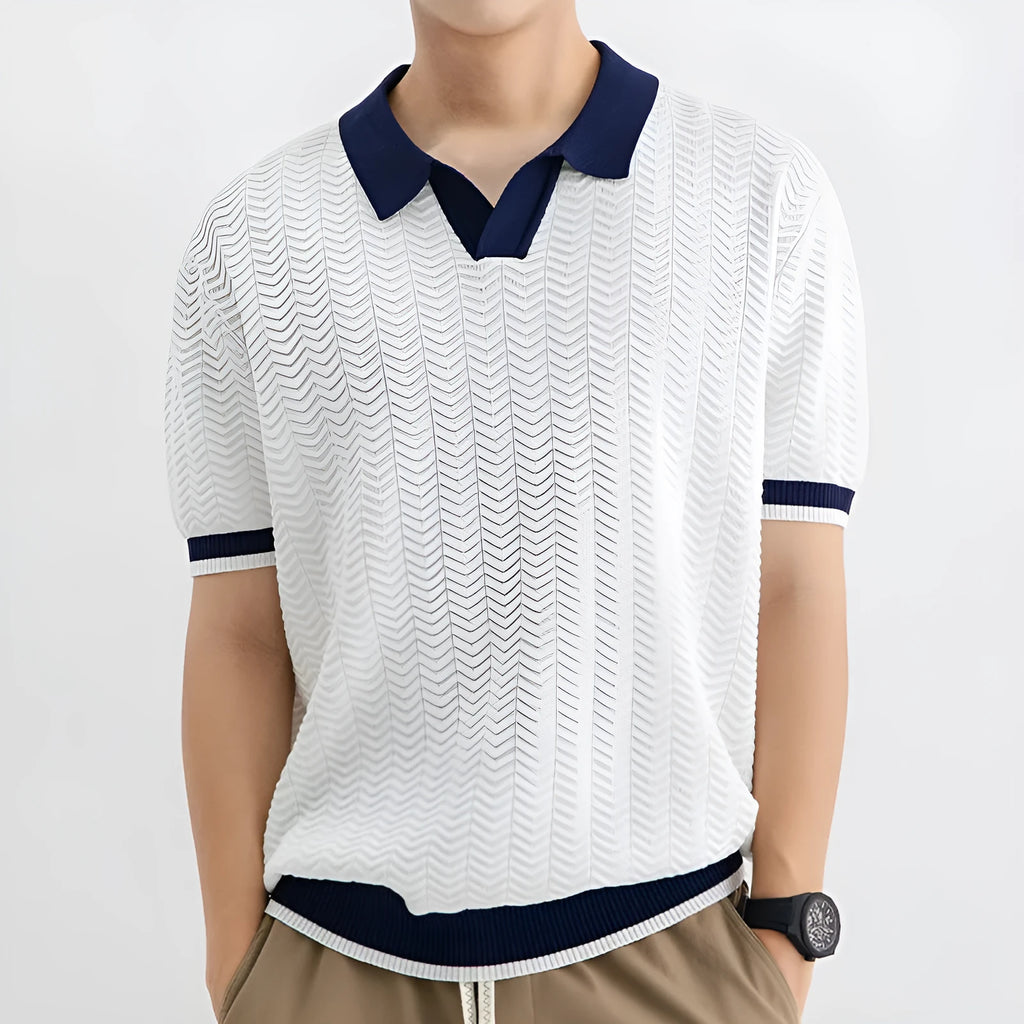 Men's summer Ice Silk striped polo shirt with short sleeves in dark green, regular fit, on white background