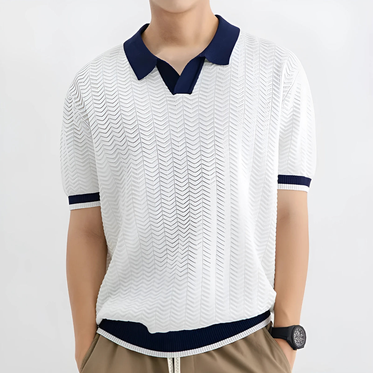 Men's summer Ice Silk striped polo shirt with short sleeves in dark green, regular fit, on white background