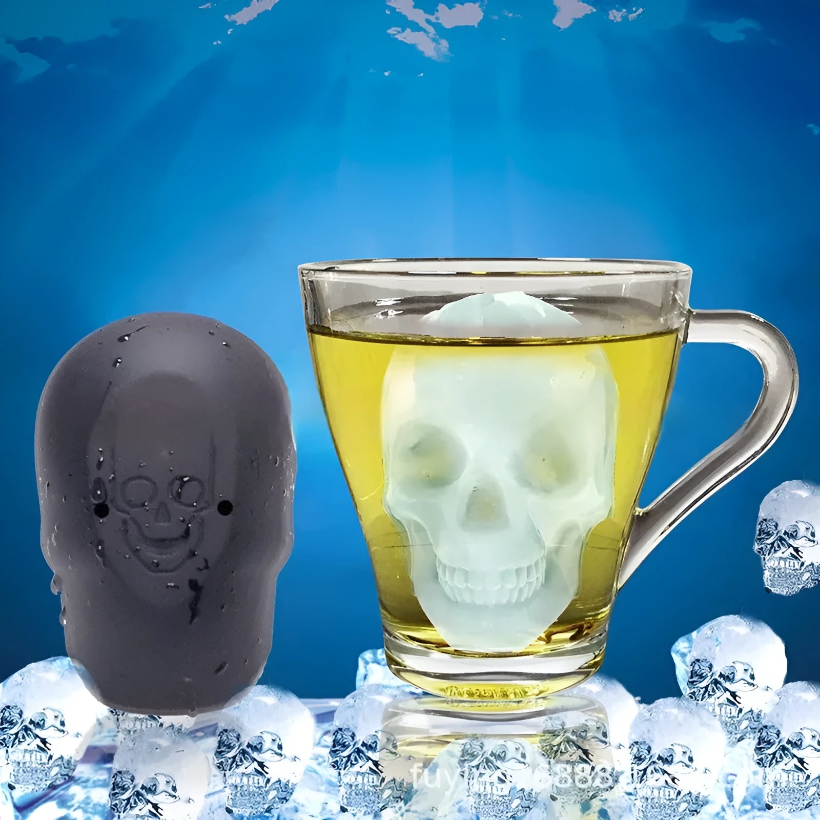 3D Halloween skull ice cube tray made from food grade silicone showing detailed mould design
