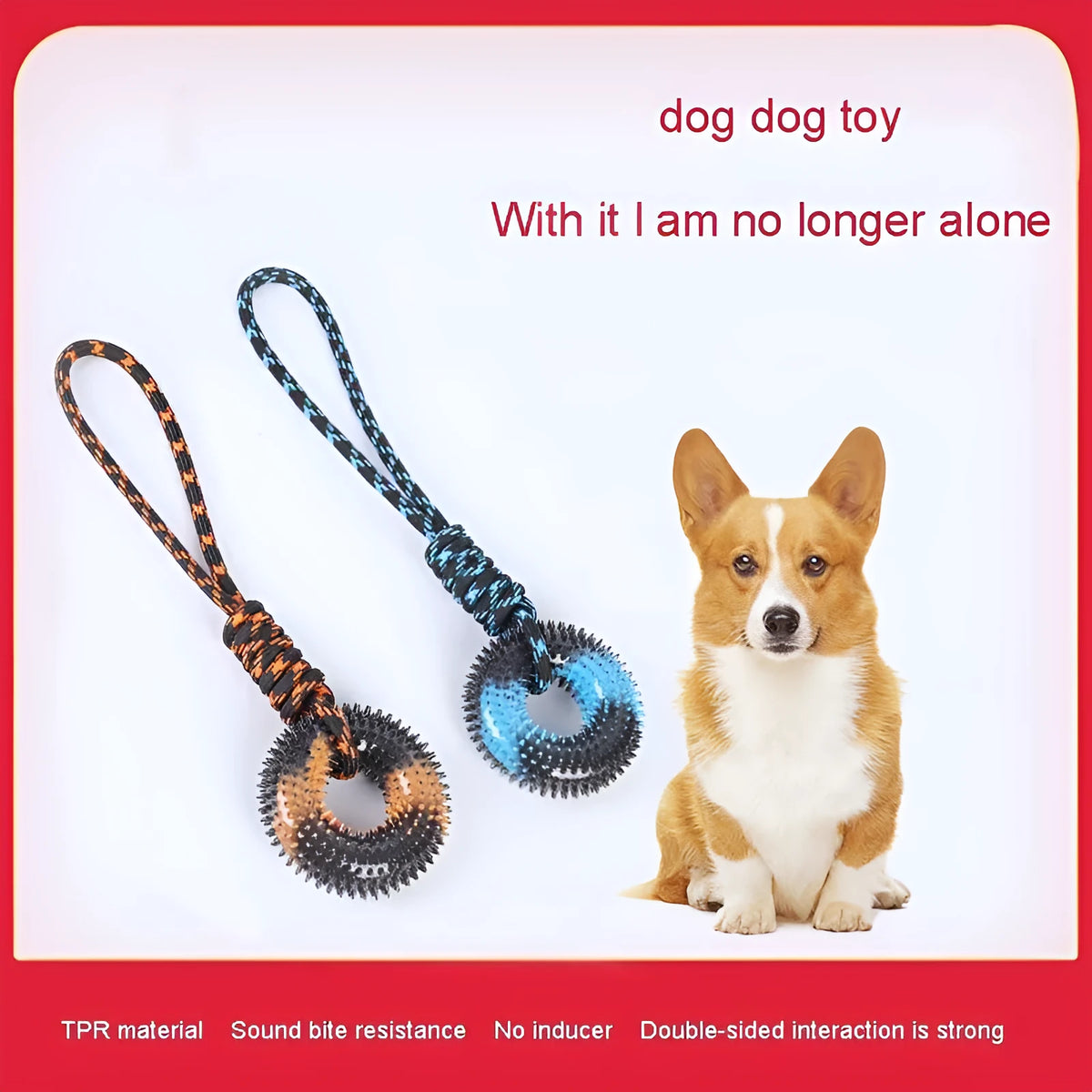 Double colour knot rope dog toy with barbed circle in blue and orange, 48x12.5cm