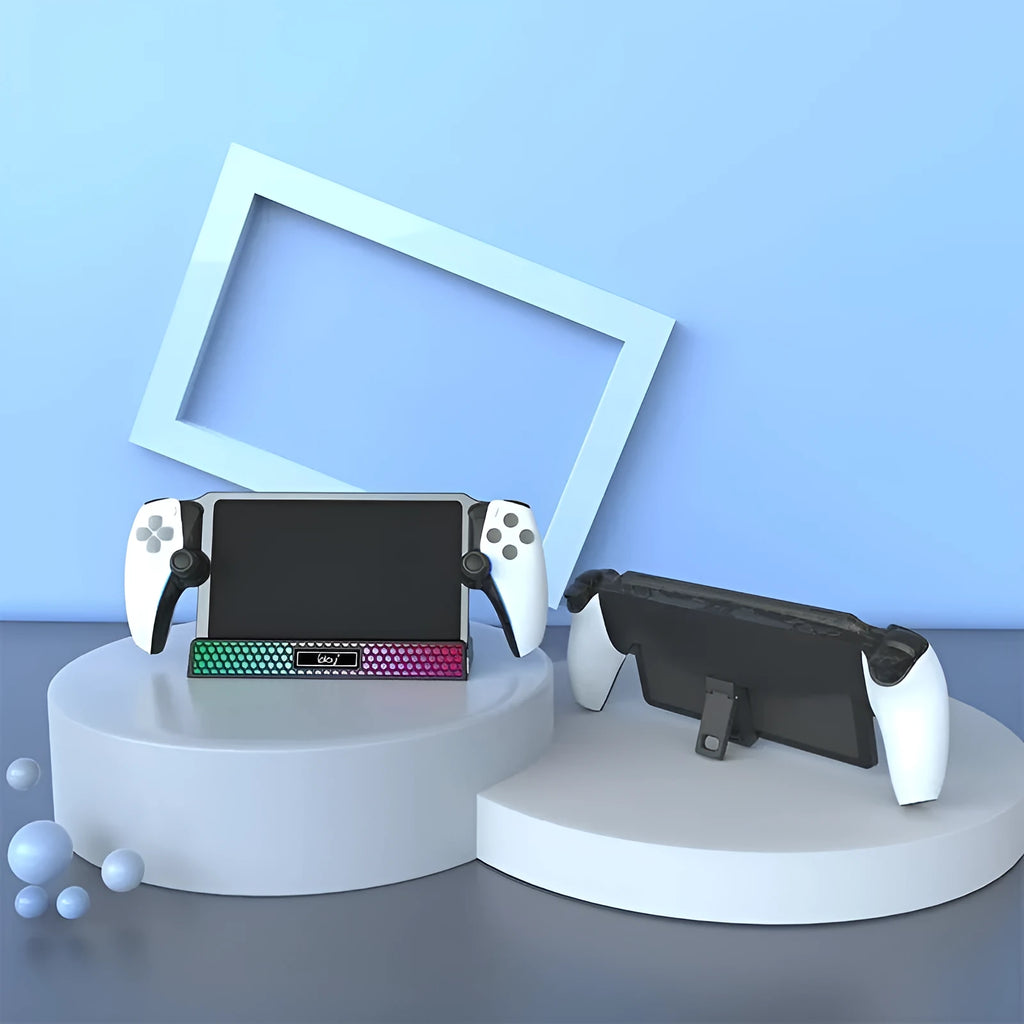 PS5 Portal charging base with RGB lamp, black, next to a PS5 Portal controller