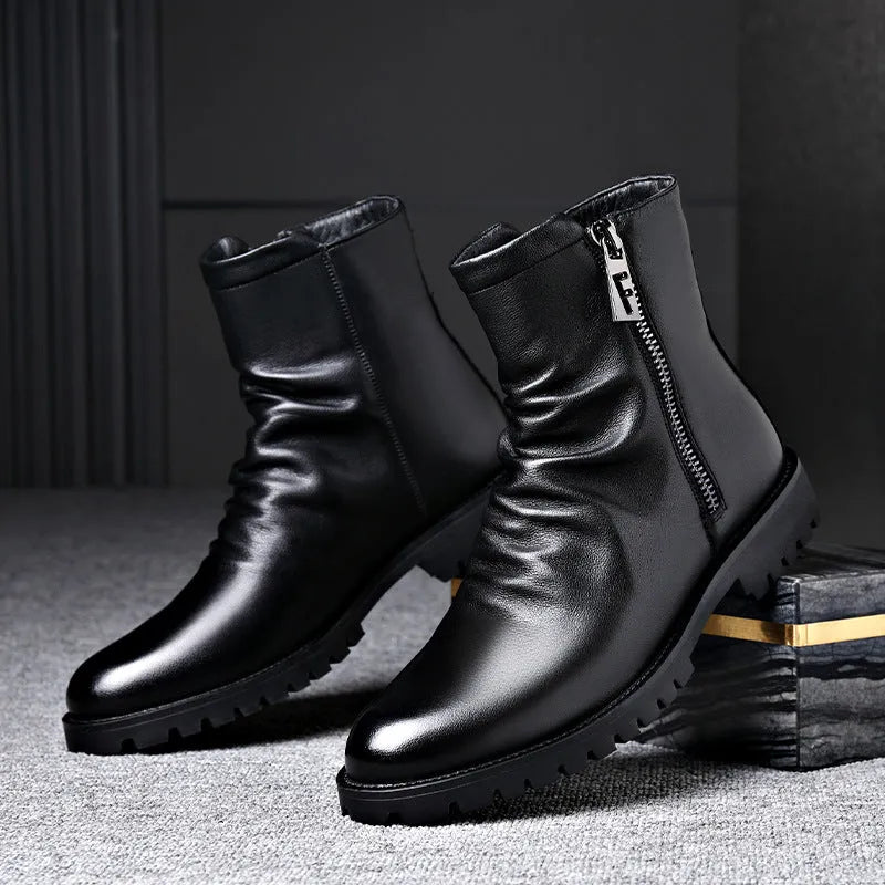 Black British-style men's high-top Martin boots with patent leather finish, side zipper, and wedge heel
