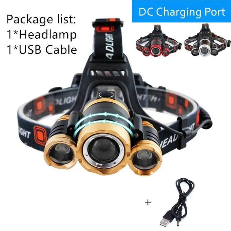 Black rechargeable LED headlamp with adjustable headband and aluminium housing, showing 360-degree rotation.
