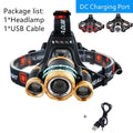 Black rechargeable LED headlamp with adjustable headband and aluminium housing, showing 360-degree rotation.