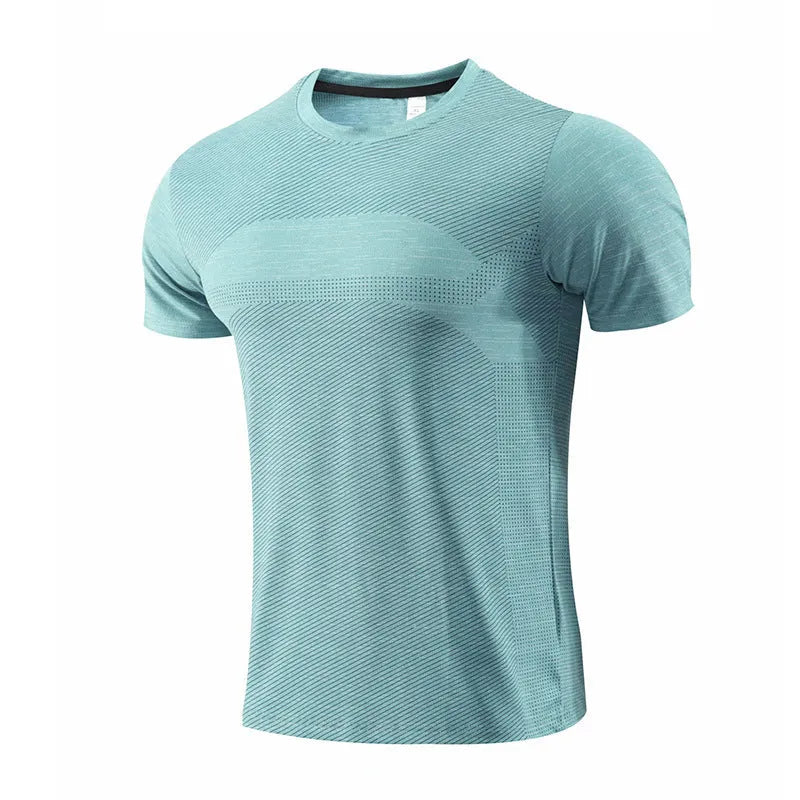 Men's short sleeve polyester spandex sports t-shirt for running and workouts on a mannequin