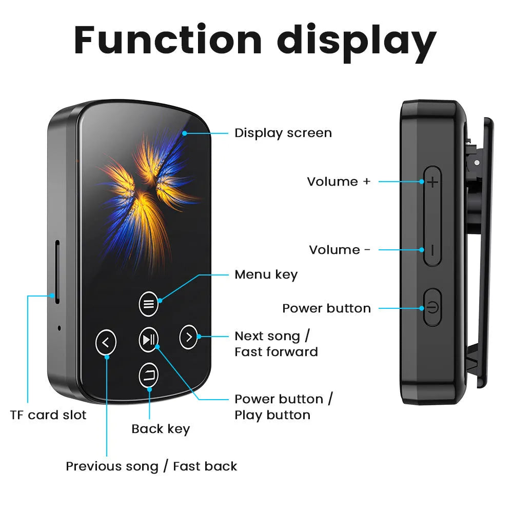 Black Bluetooth MP3 music player with touch screen and buttons