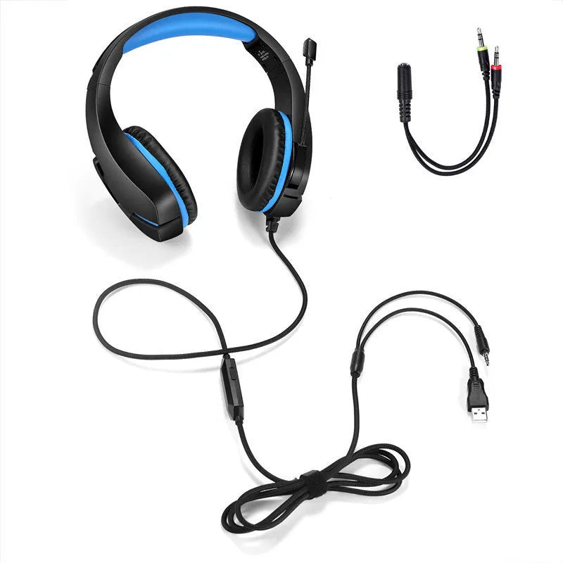 J10 3.5mm wired gaming headset with microphone and LED lights in blue