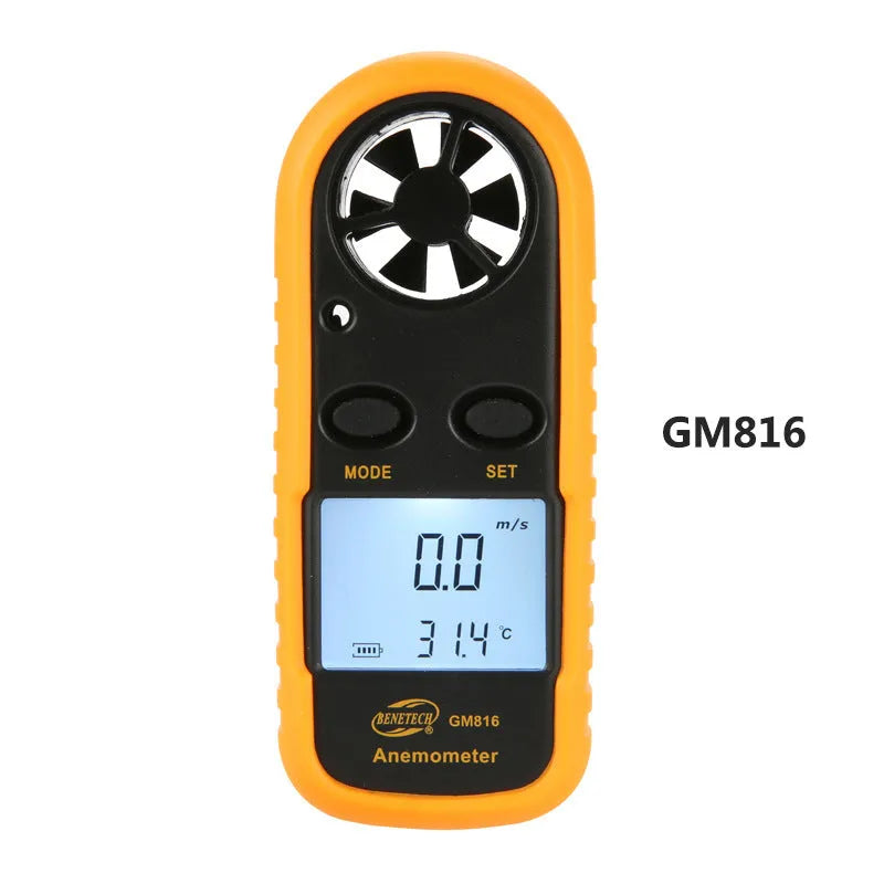Biaozhi GM816 orange digital handheld anemometer showing wind speed display
