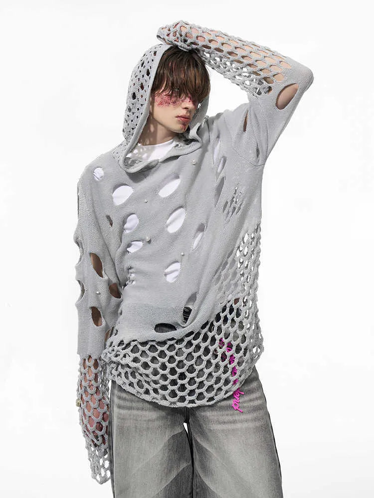 Black men's hoodie with pearl decorations, loose thin material, hood up.