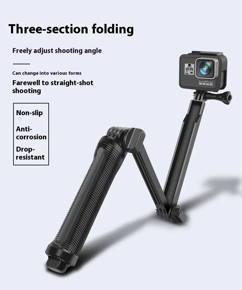 Black portable folding tripod stand for GoPro Hero action cameras.