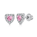 925 silver heart stud earrings with zircon detail in white or pink diamond colour