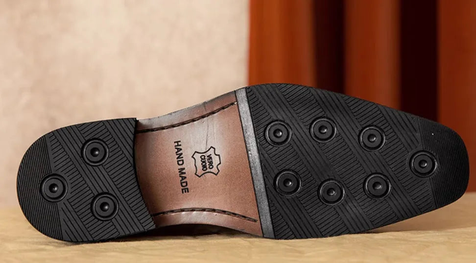 Men's genuine leather slip-on loafers with fringed detailing in black or brown