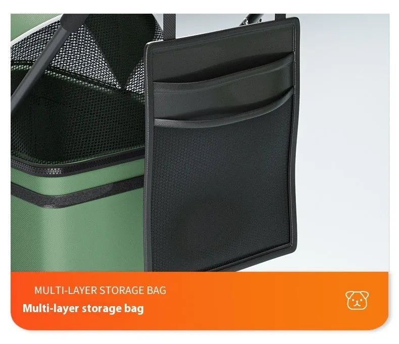 Black metal pet cart with removable wheels in folded position showing one-click folding mechanism