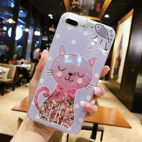 Four cat phone cases with glitter designs for iPhone 6 to iPhone X in bright colours