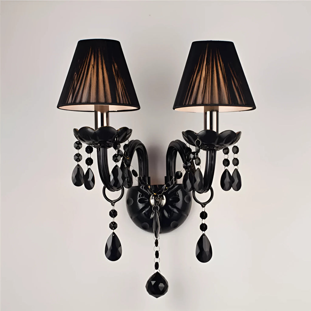 European double-head crystal wall lamp in black finish, 340mm diameter by 430mm height, for living room or dining room
