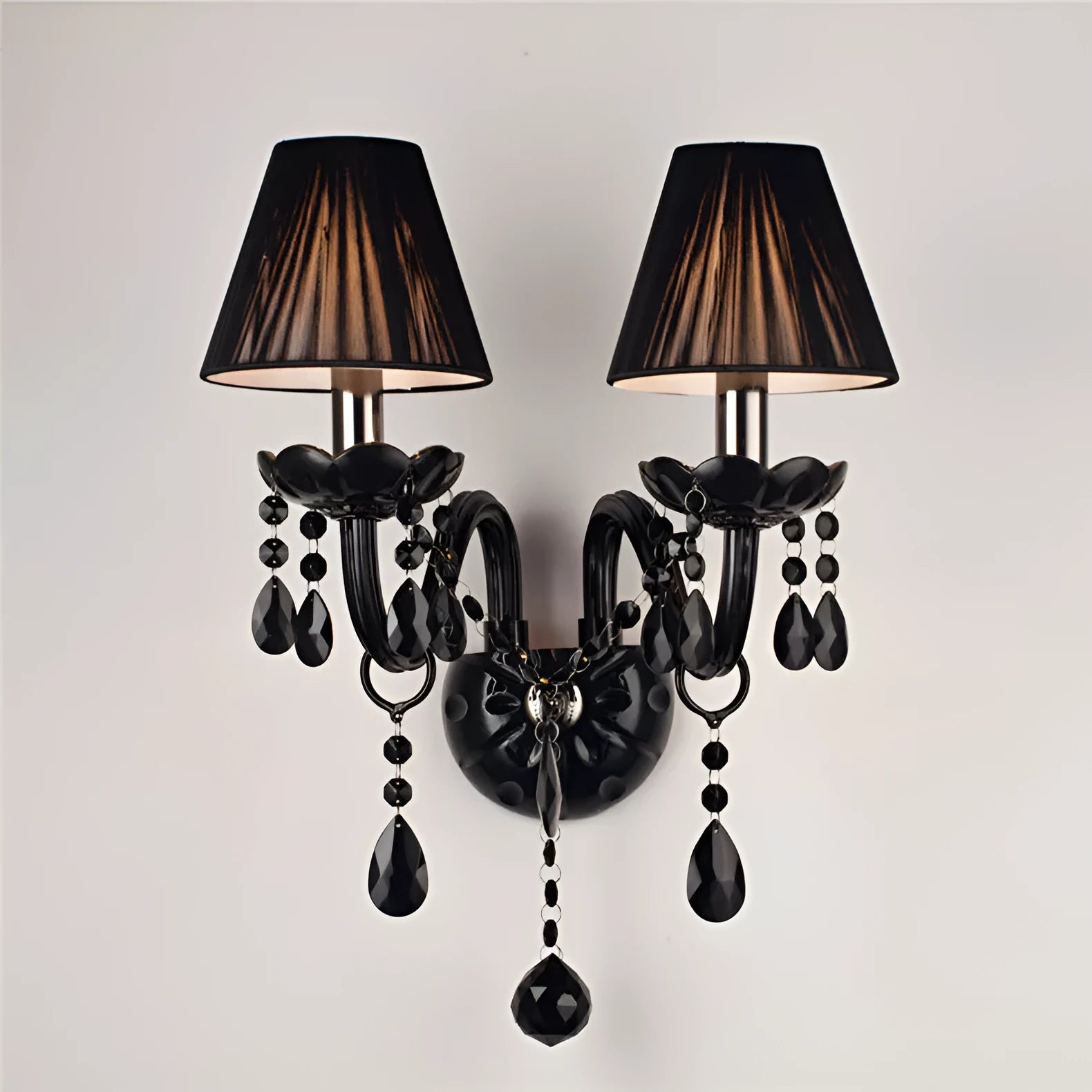 European double-head crystal wall lamp in black finish, 340mm diameter by 430mm height, for living room or dining room
