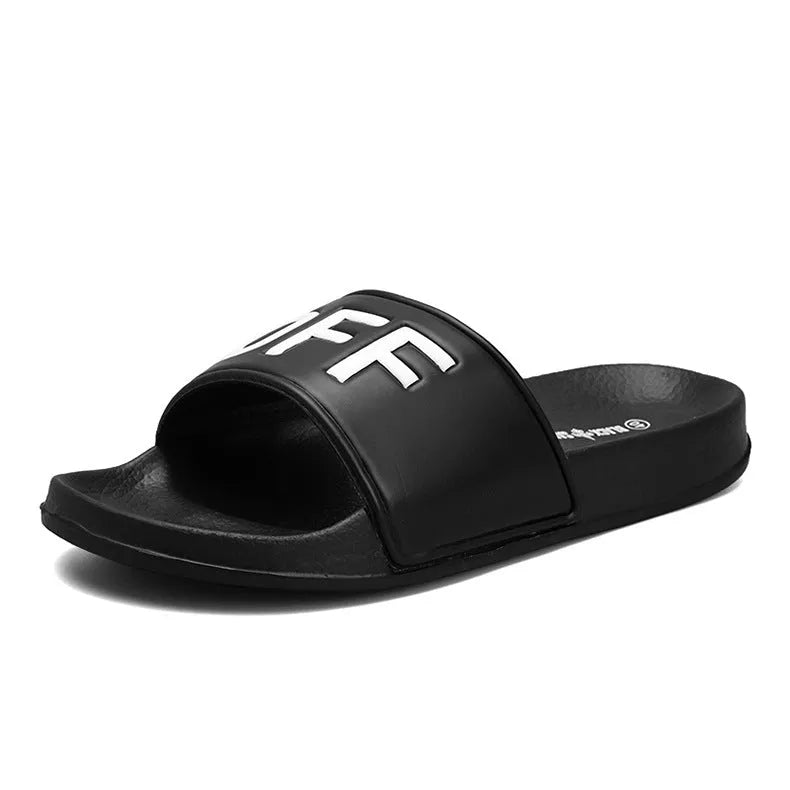 Large size men's personalised open toe slippers in black or white with a rubber sole.