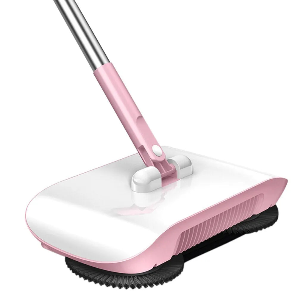 Pink hand push sweeper with rotating brush and mop attachment on tiled floor