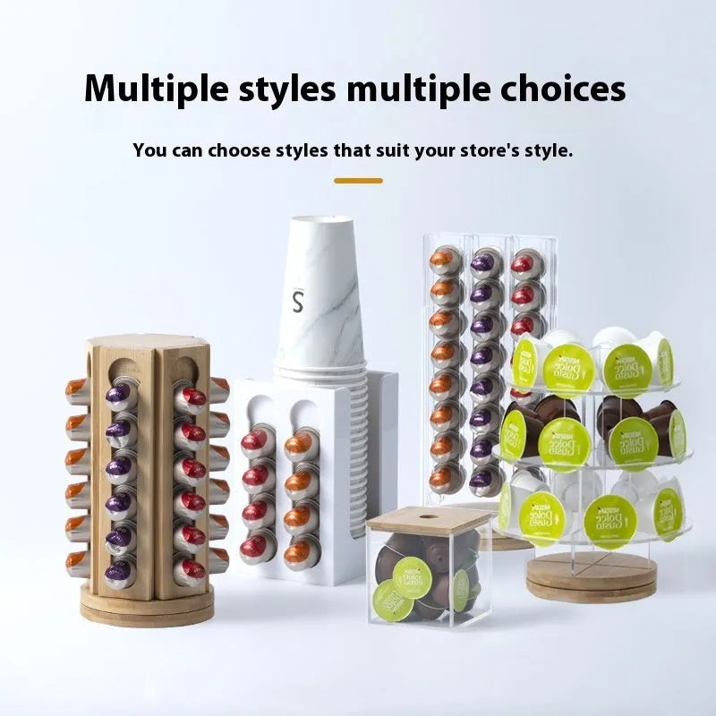 Rotatable acrylic coffee capsule storage rack in S M L sizes with solid colour pattern and pad glaze finish