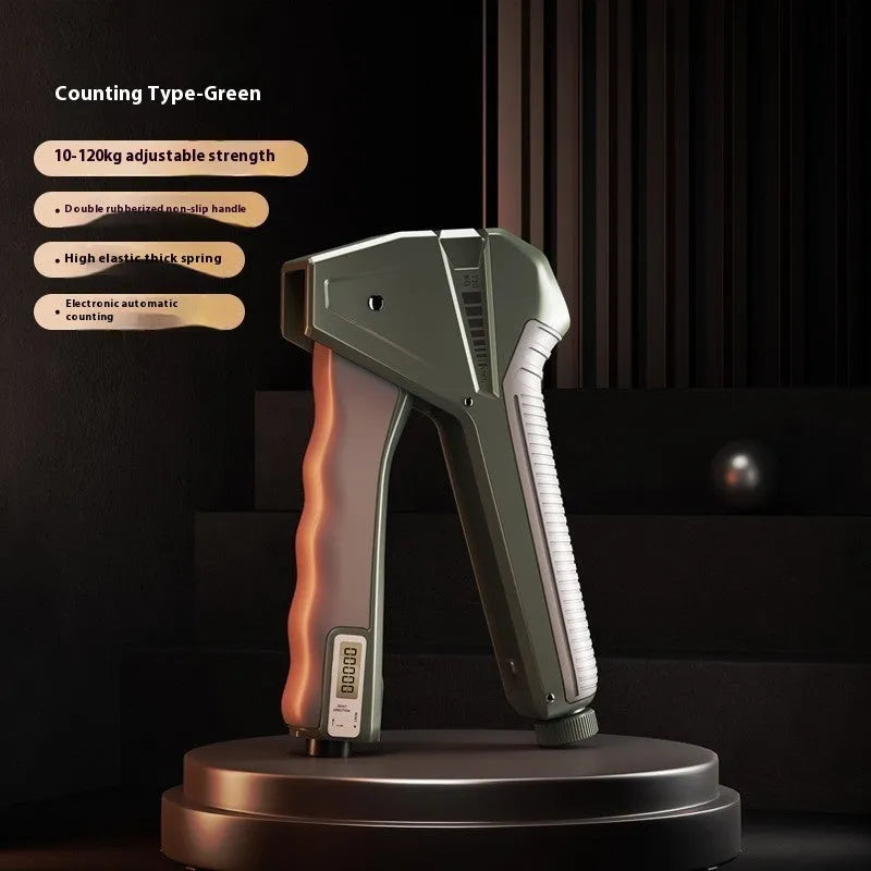 Adjustable hand gripper strength trainer with mechanical counter showing 5-60kg resistance range
