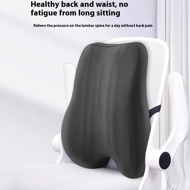 Grey lumbar support cushion for office chairs showing 40x40x8cm size and square shape.
