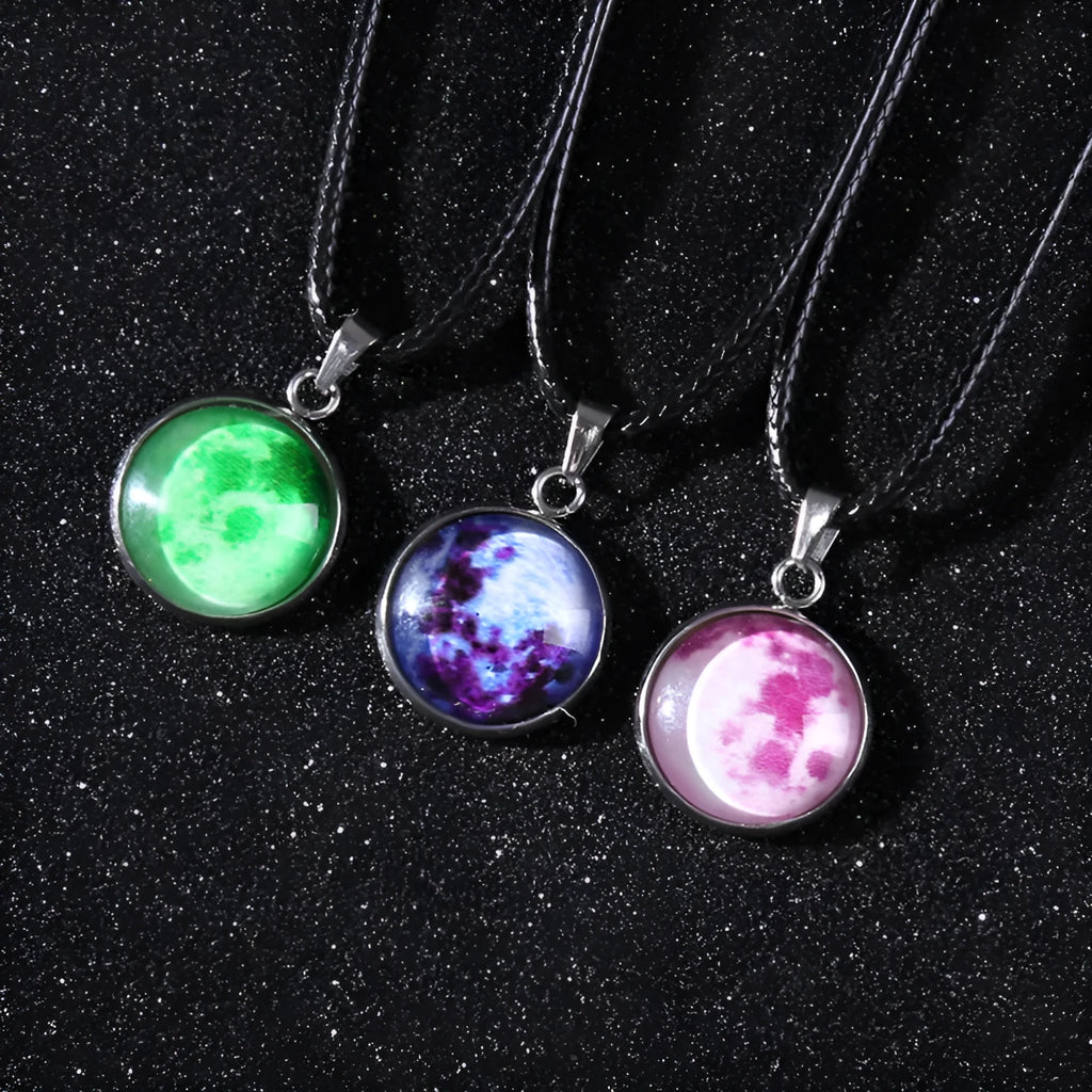 Luminous alloy pendant necklace with constellation design in coloured glass, showing extension chain