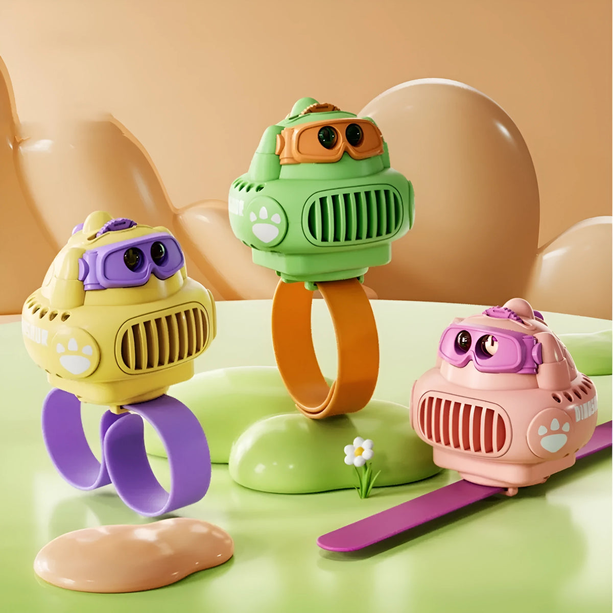 Rechargeable cartoon handheld mini fan in green, ABS plastic, with rotating and luminous functions, measuring 20x6.2x3.5cm